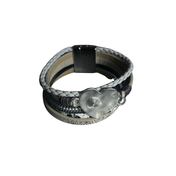 Layered Leather Magnetic Bracelet with Silver Heart Charm – Boho Chic - Picture 1 of 5